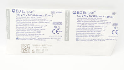 BD 305789 Eclipse Injection Ndle with Luer-Lok Syringe 1ml 27G x 1/2inch